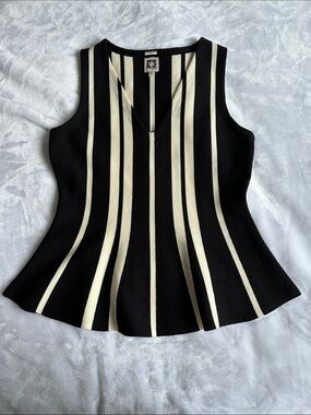 Anne Klein Black and Cream Vertical-Stripe Sleeveless Knit Top